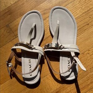 COACH Women's White Leather T-Strap Sandals